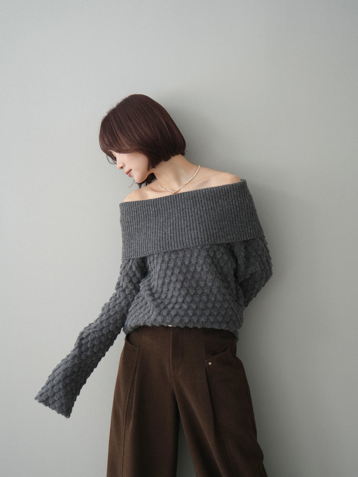 [予約]ポコポコ編みオフショルニットプルオーバー/gray