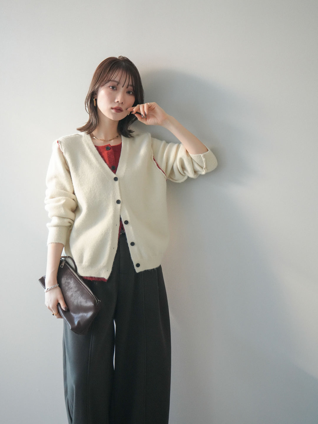 [予約]配色レイヤードニットカーディガン/ apricot