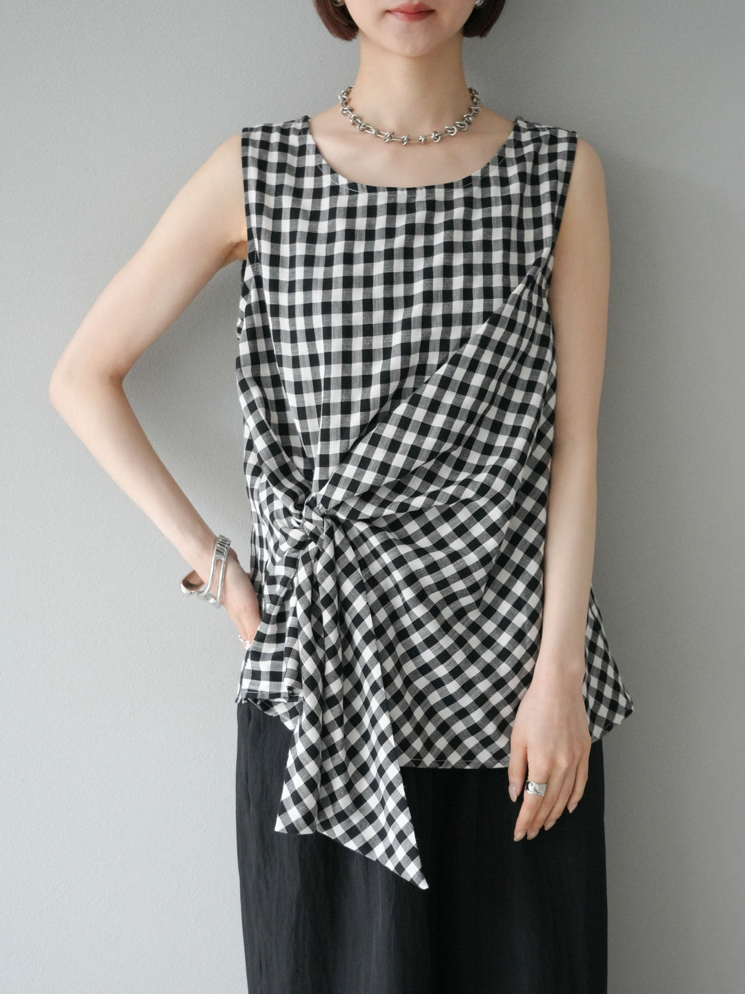 [予約]フロント巻きノースリーブブラウス/チェック
