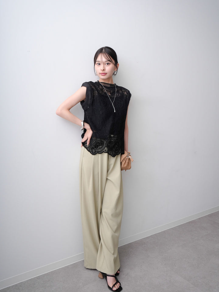 [SET]スカラップヘムレーストップス+アシンメトリーベルトタックワイドパンツ(2set)