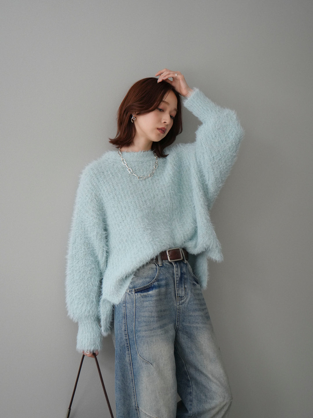 [SET]ボリュームスリーブシャギー MIXニットプルオーバー+ベルト付カーブデニムパンツ(2set)