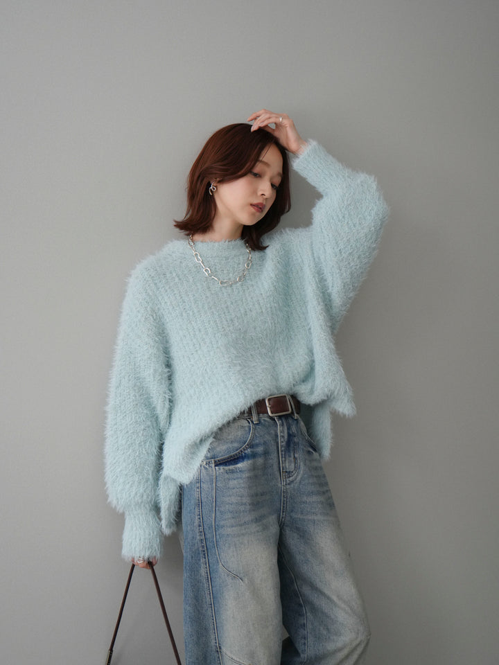 [SET]ボリュームスリーブシャギー MIXニットプルオーバー+ベルト付カーブデニムパンツ(2set)