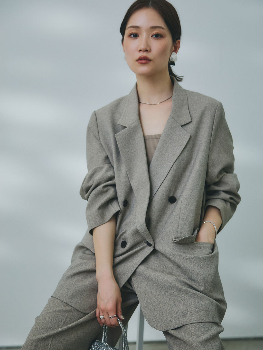 【Allure】[SET]杢調ライトテーラードジャケット+杢調ライトストレートパンツ(2set)