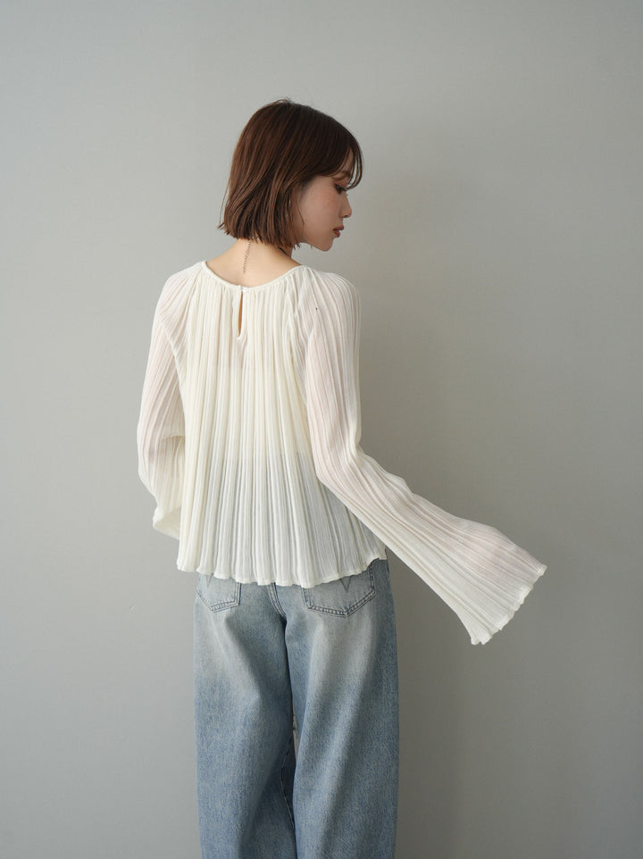 [SET]プリーツシアーフレアスリーブニットトップス+ダメージデニムセミワイドパンツ(2set)