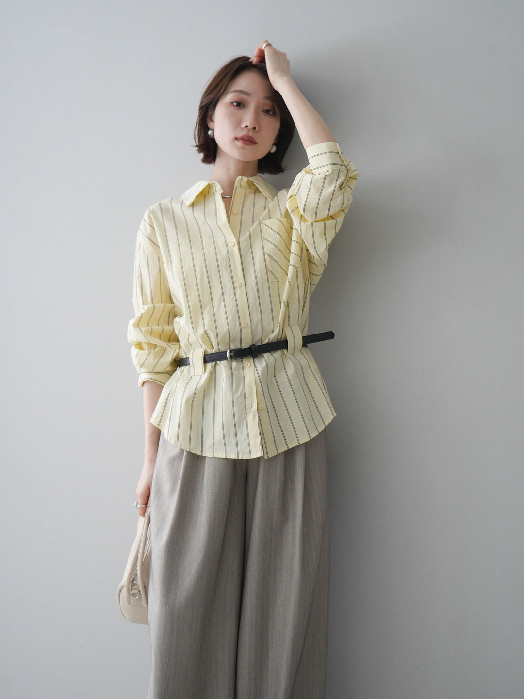 [予約]ベルト付ストライプロングシャツ/yellow