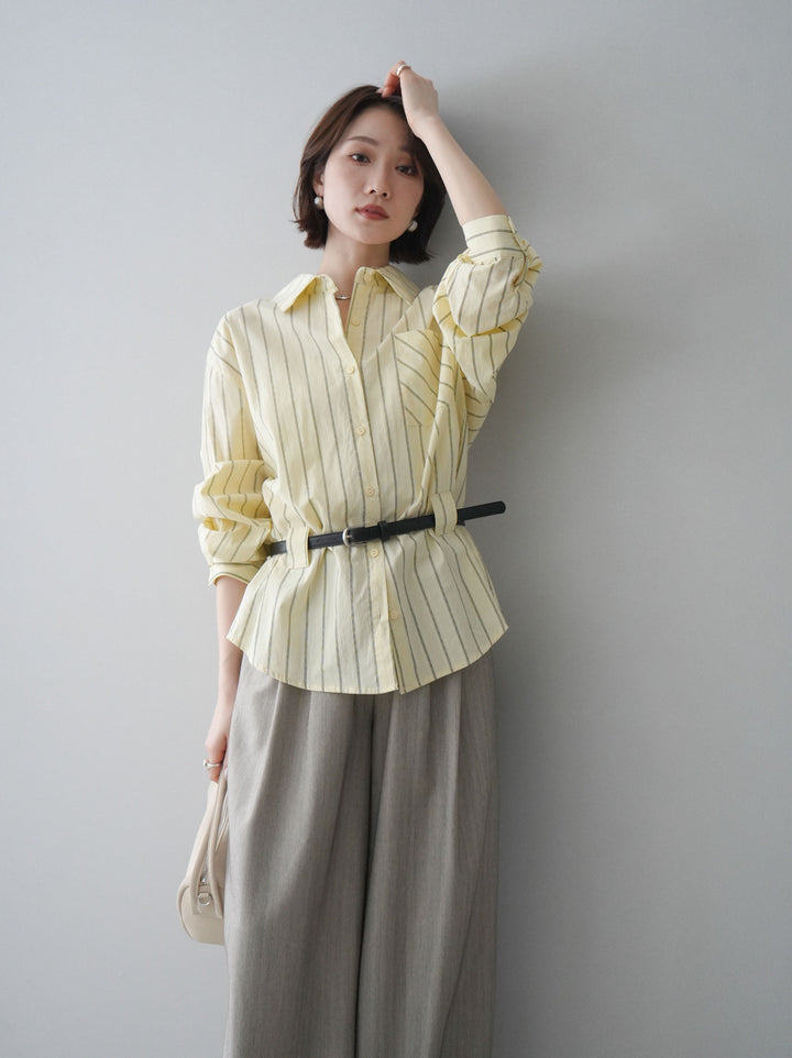 [予約]ベルト付ストライプロングシャツ/yellow