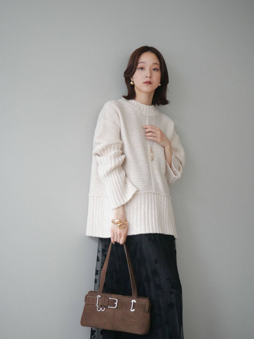 [SET]編み地切替ボトルネックニットプルオーバー+フラワーフロッキーチュールプリーツスカート(2set)