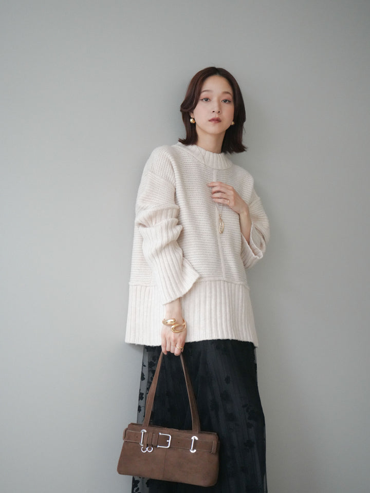 [SET]編み地切替ボトルネックニットプルオーバー+フラワーフロッキーチュールプリーツスカート(2set)