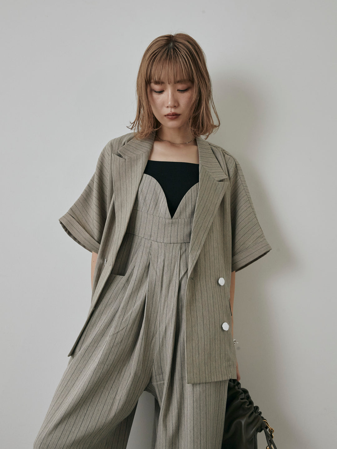 【預購】人字紋條紋工裝褲/米白色