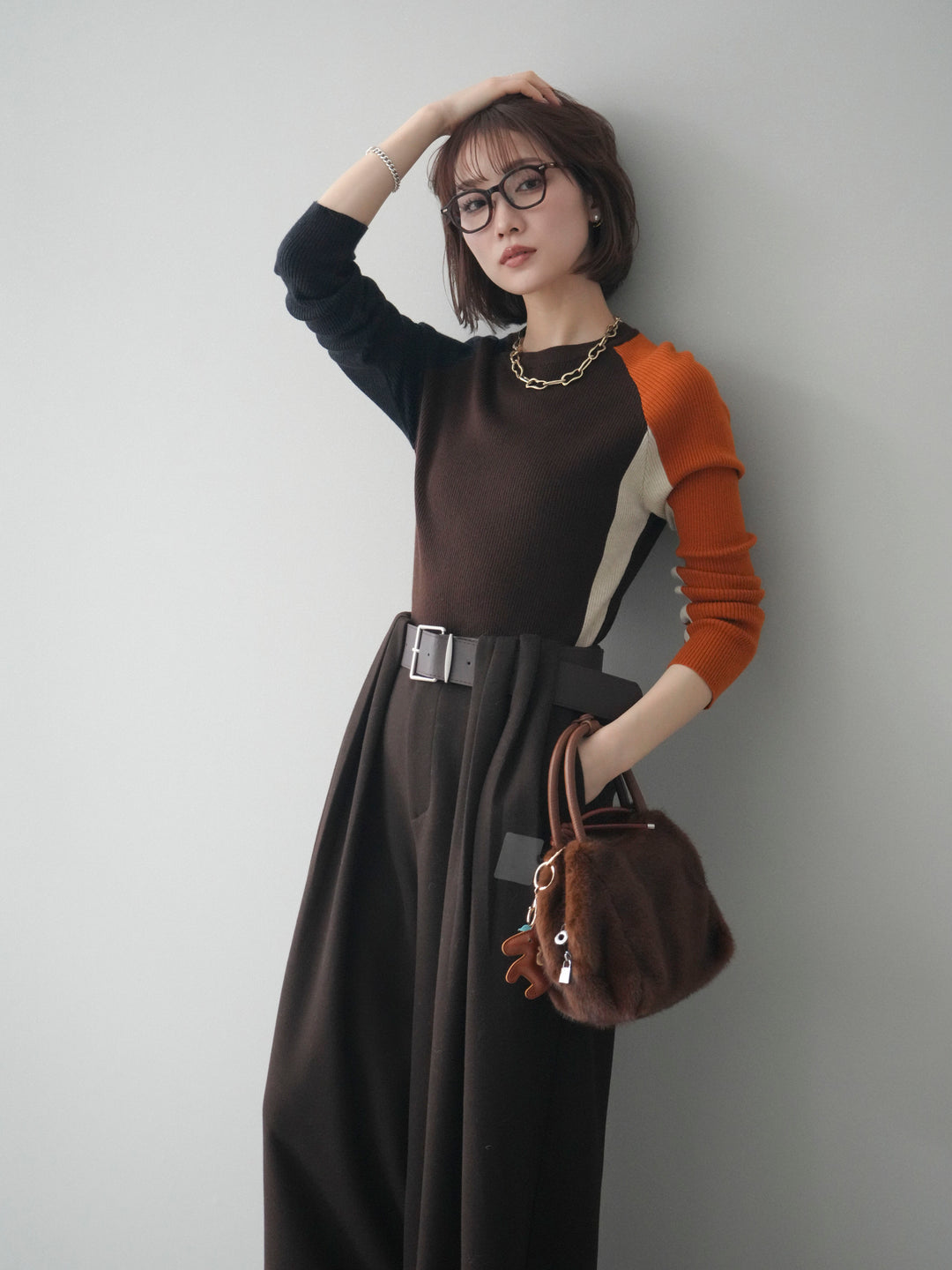 [SET]バイカラーラグランニットトップス+選べるアクセセット(2set)