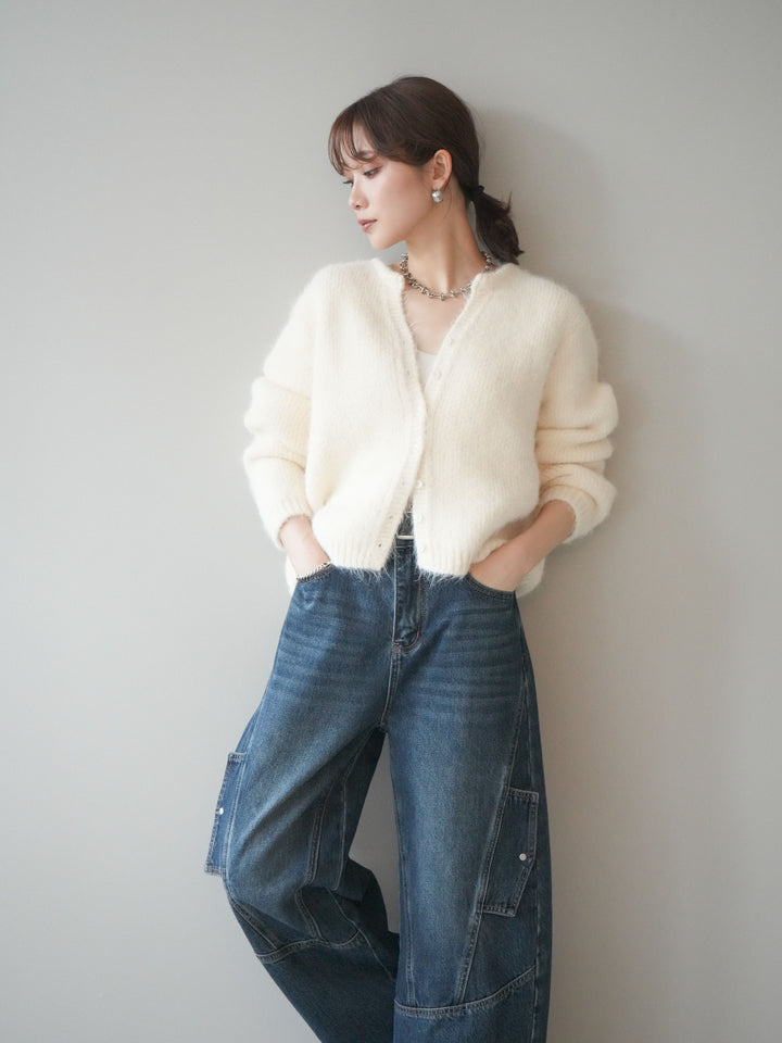 [SET]キーネックシャギーニットカーディガン+カーゴデザインコクーンデニムパンツ(2set)