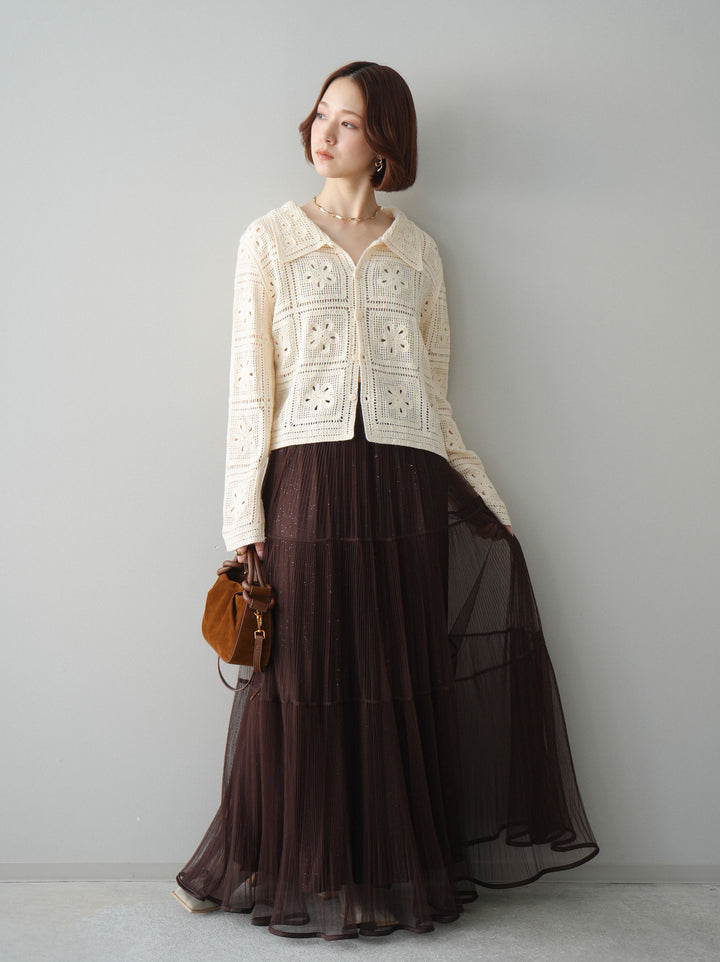 [予約]ラメプリーツレイヤードチュールロングスカート/brown