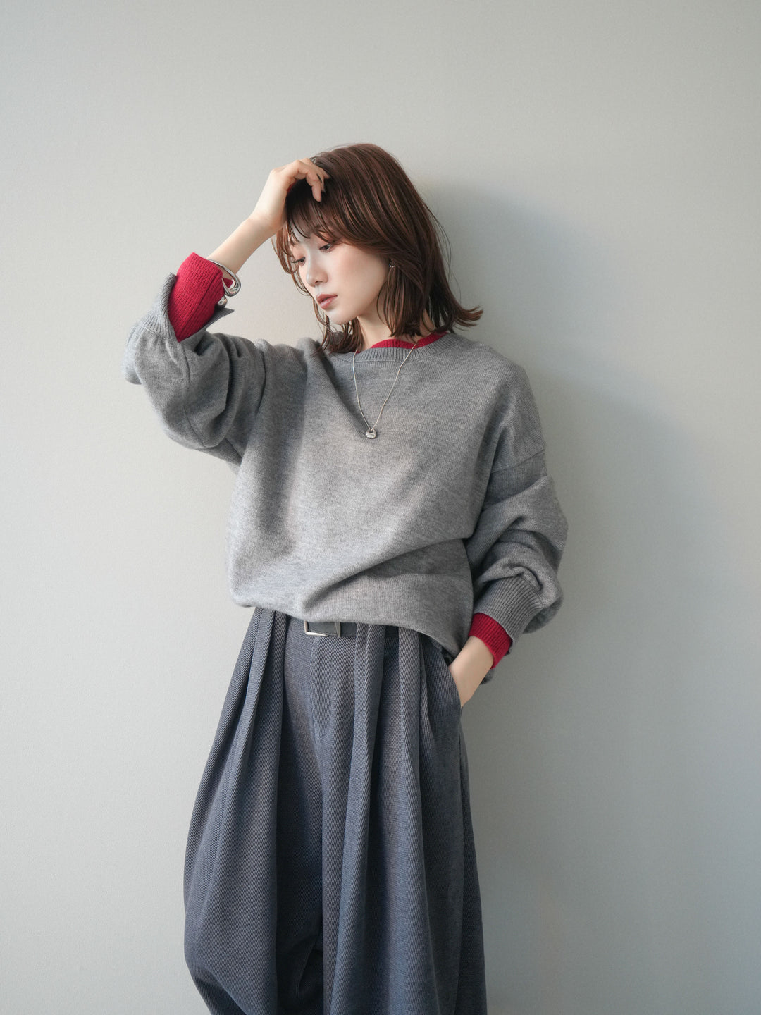 [予約]ヘンリーネック配色レイヤードニットプルオーバー/middlegray