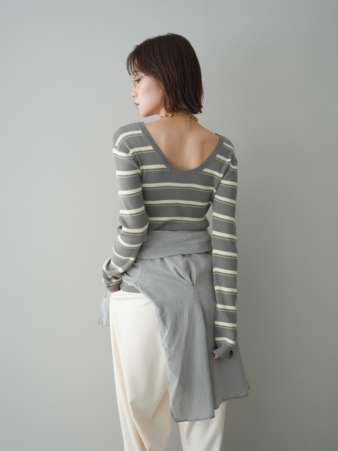 [予約]バックオープンテレコリブマルチボーダートップス/gray