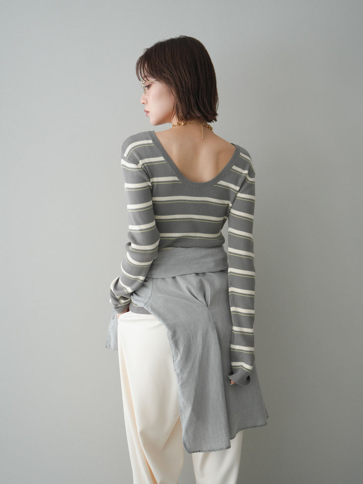 [予約]バックオープンテレコリブマルチボーダートップス/gray