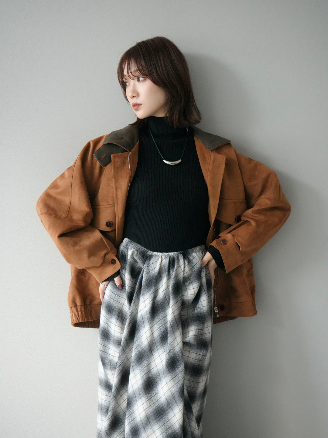 [予約]デザインポケットレザー襟スウェードジャケット/キャメル