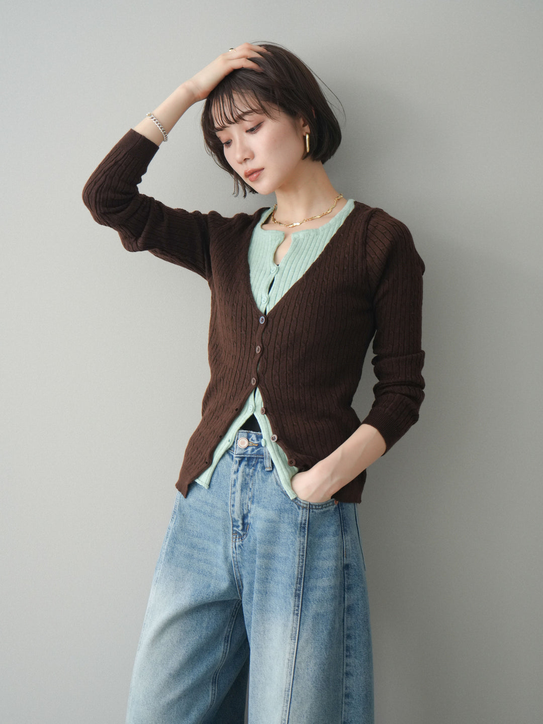 [予約]バイカラーレイヤードニットカーディガン/brown