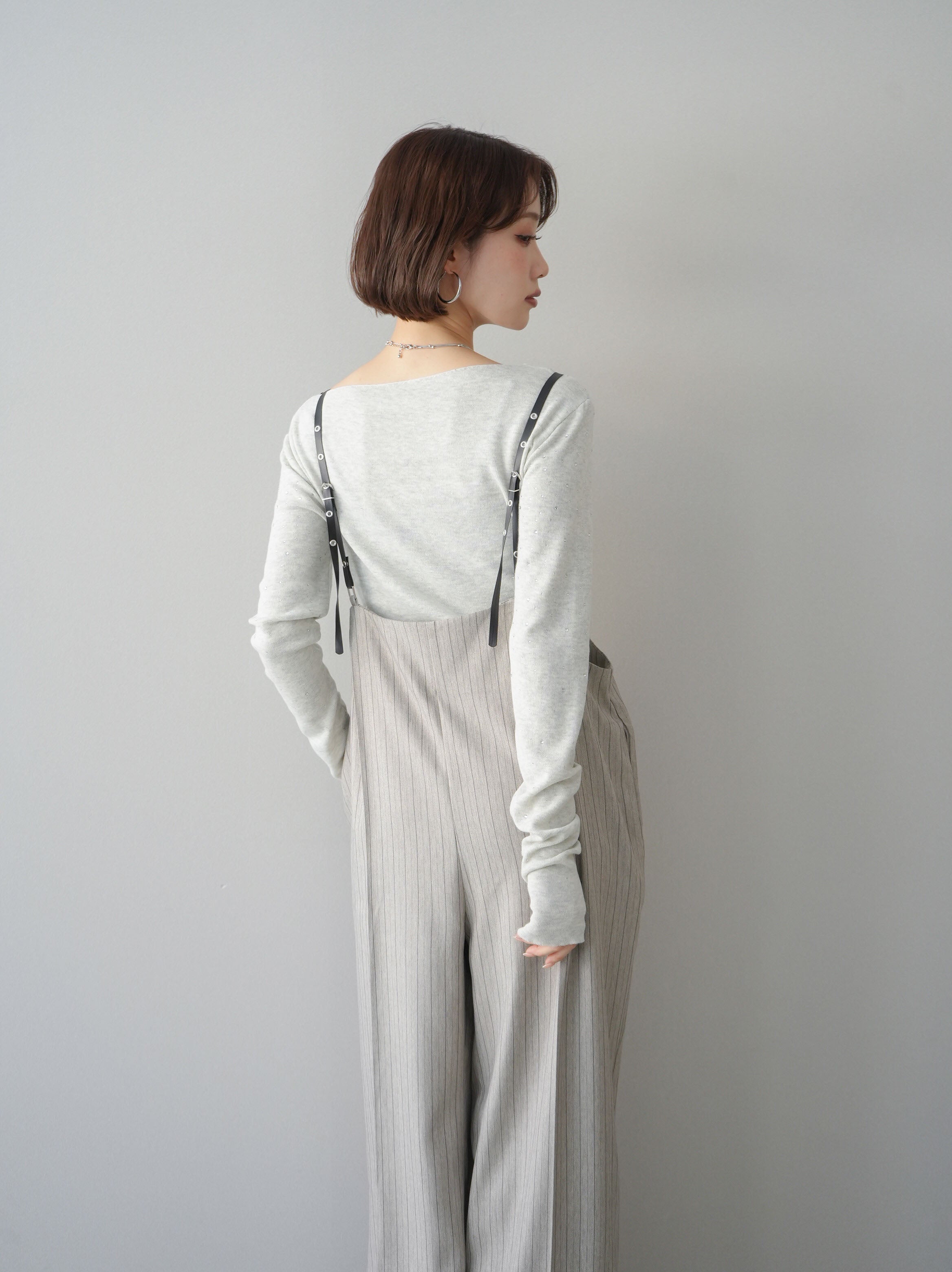 SET]ヘリンボーンストライプサロペット+ラインストーンアシンメトリー