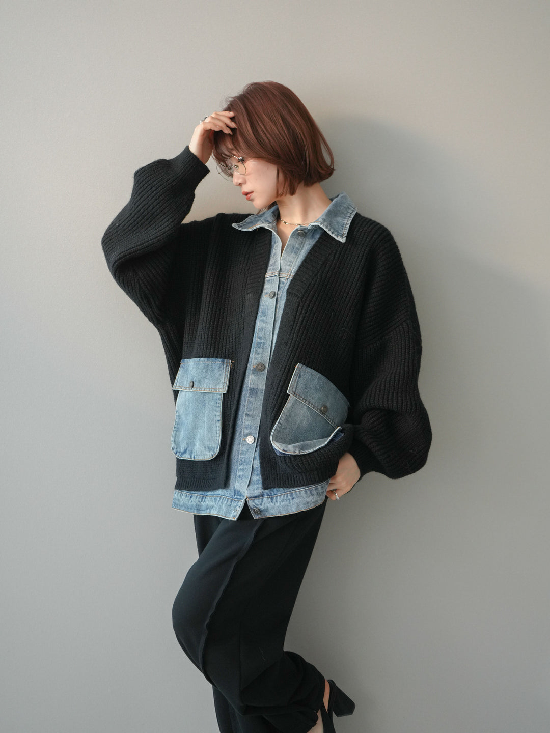 [予約]デニムドッキングオーバーニットジャケット/black