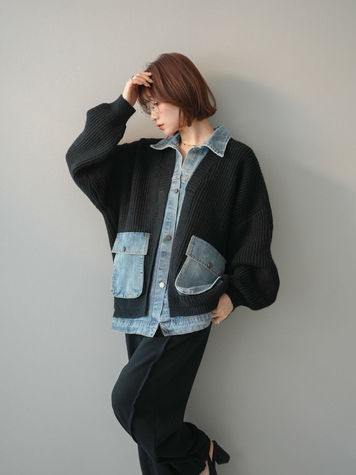 [予約]デニムドッキングオーバーニットジャケット/black