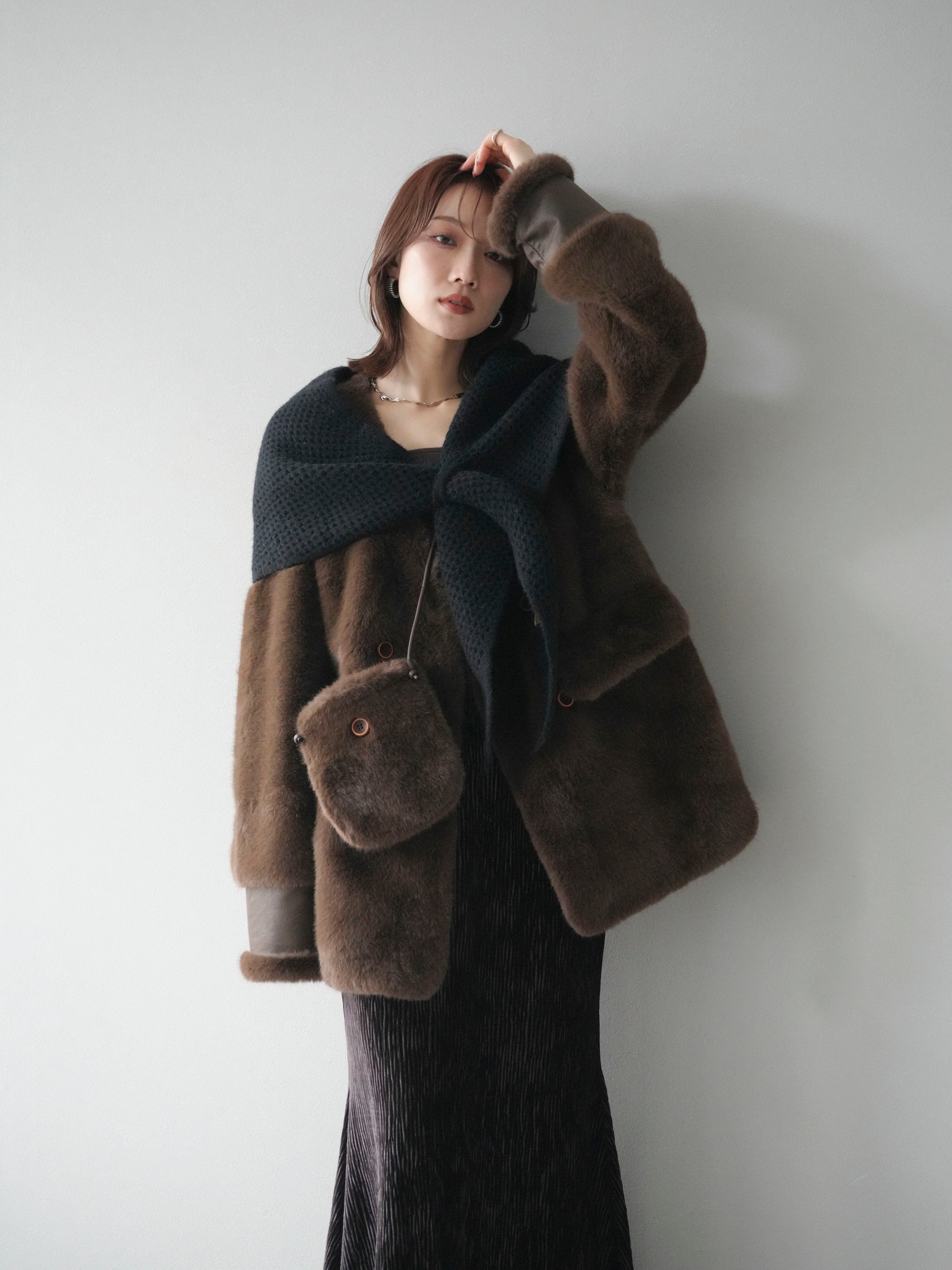 【２点セット】バッグ付エコファーノーカラーコート /lumier 同型 SET]バッグ付エコファーノーカラーコート+選べるアクセセット(2set