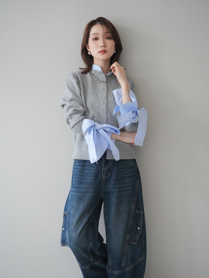 [予約]ウールライクリボンシャツカーディガン/gray