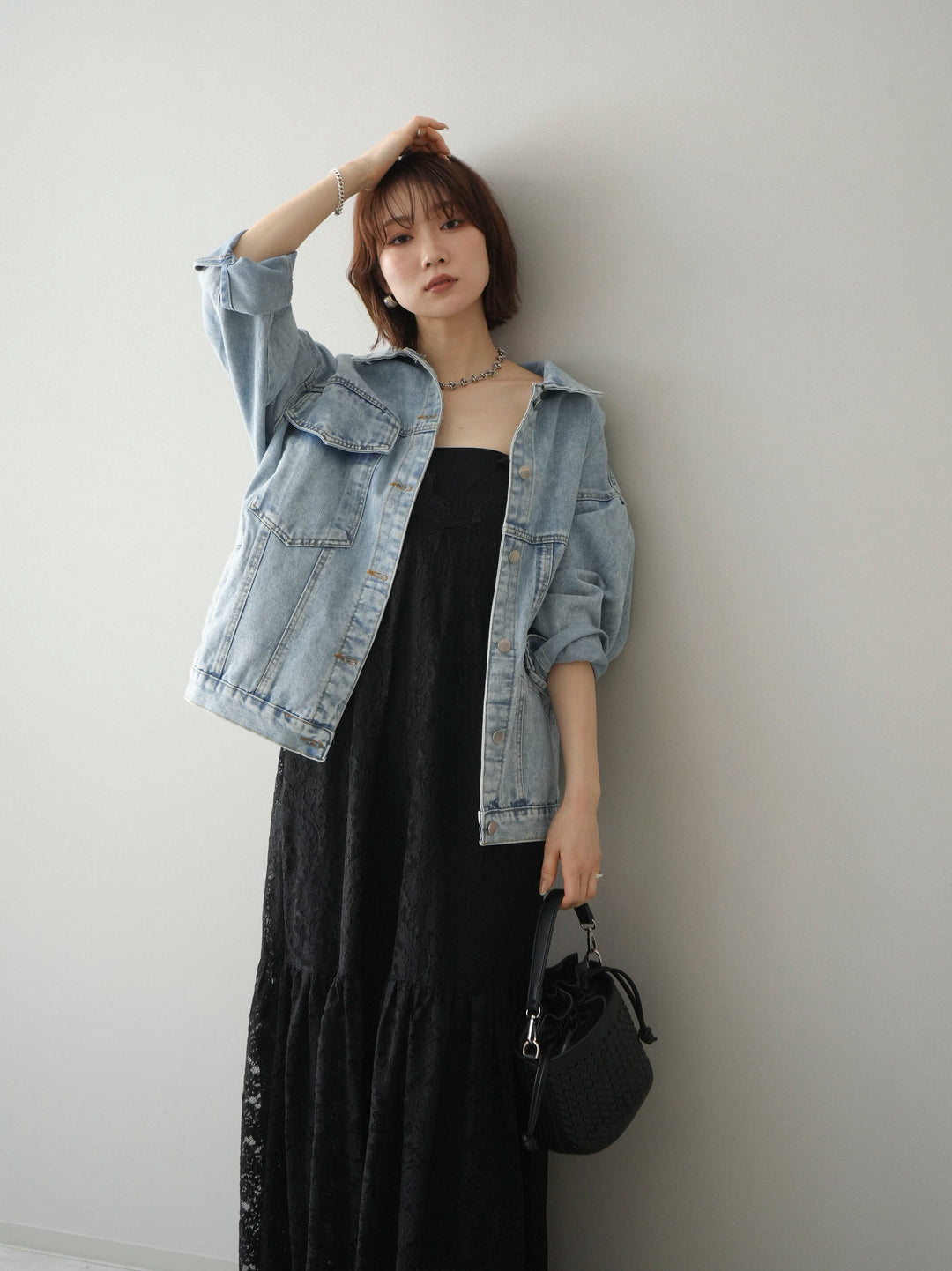 [予約]ギャザー切替レースキャミワンピース/black