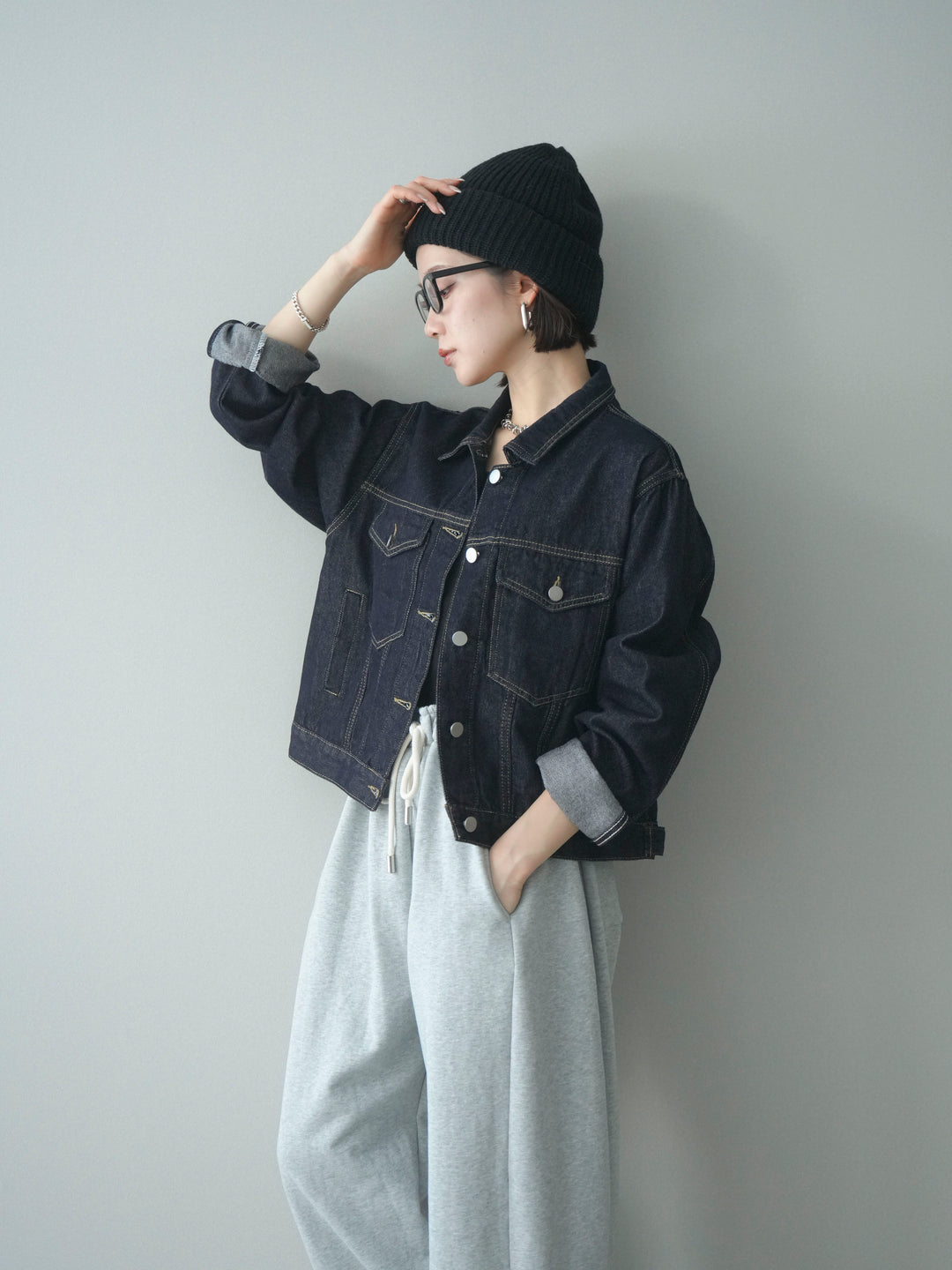 [予約]配色ステッチデニムジャケット/darkblue
