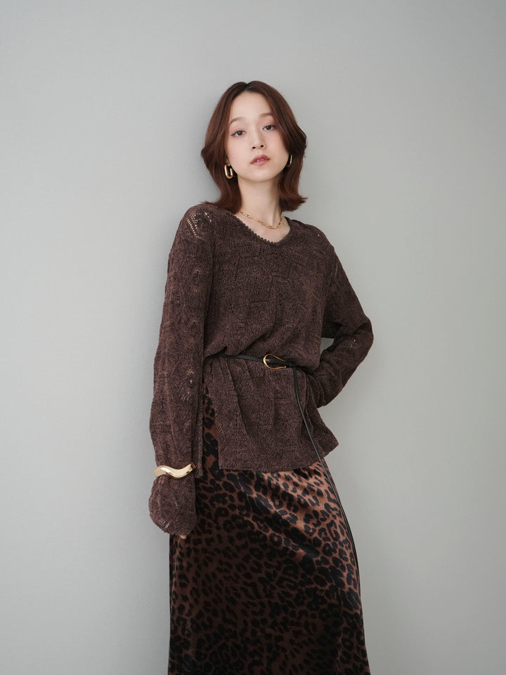 [SET]モール透かし編みニットトップス+レオパードベロアナロースカート(2set)