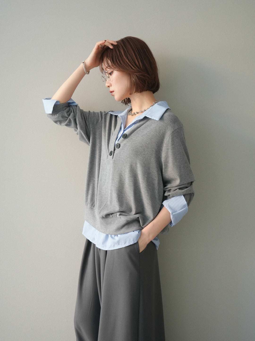 [予約]シャツレイヤードデザインカットプルオーバー/lightgray