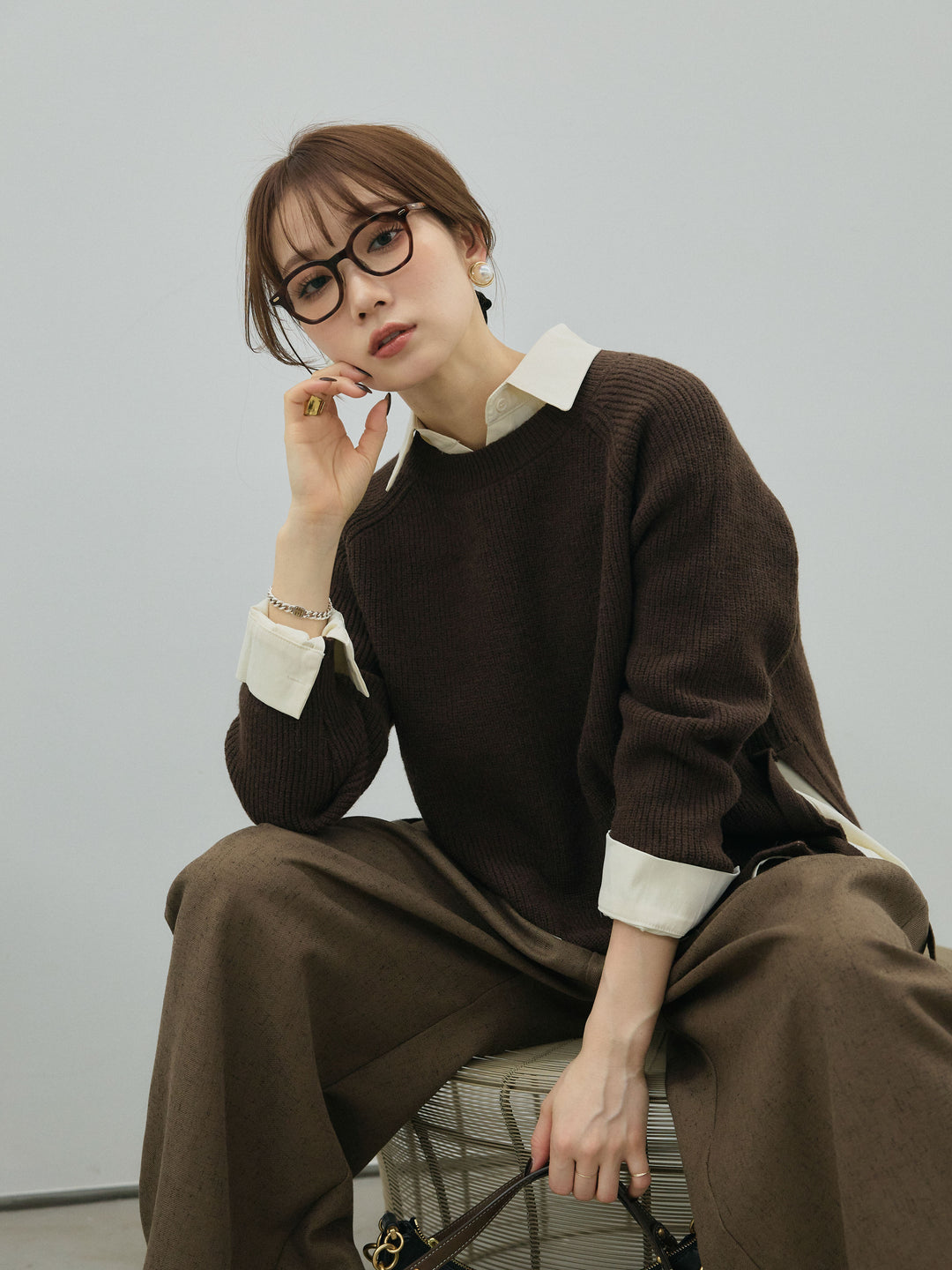 【Allure】[SET]サイドスリット畦編みニットプルオーバーシャツアンサンブル+サイドスリット畦編みニットプルオーバーシャツアンサンブル(2set)