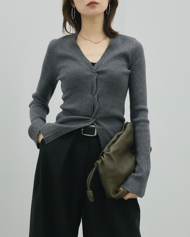[予約]フロントツイストリブニットトップス/gray