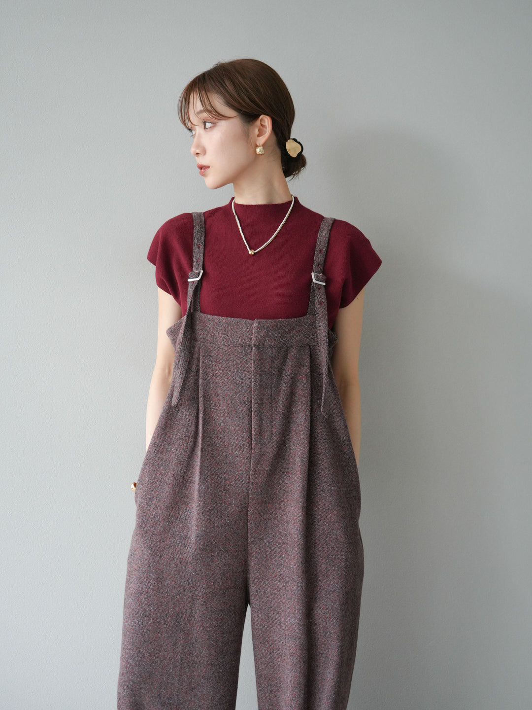 [予約]プチネックフレンチニットトップス/レッド