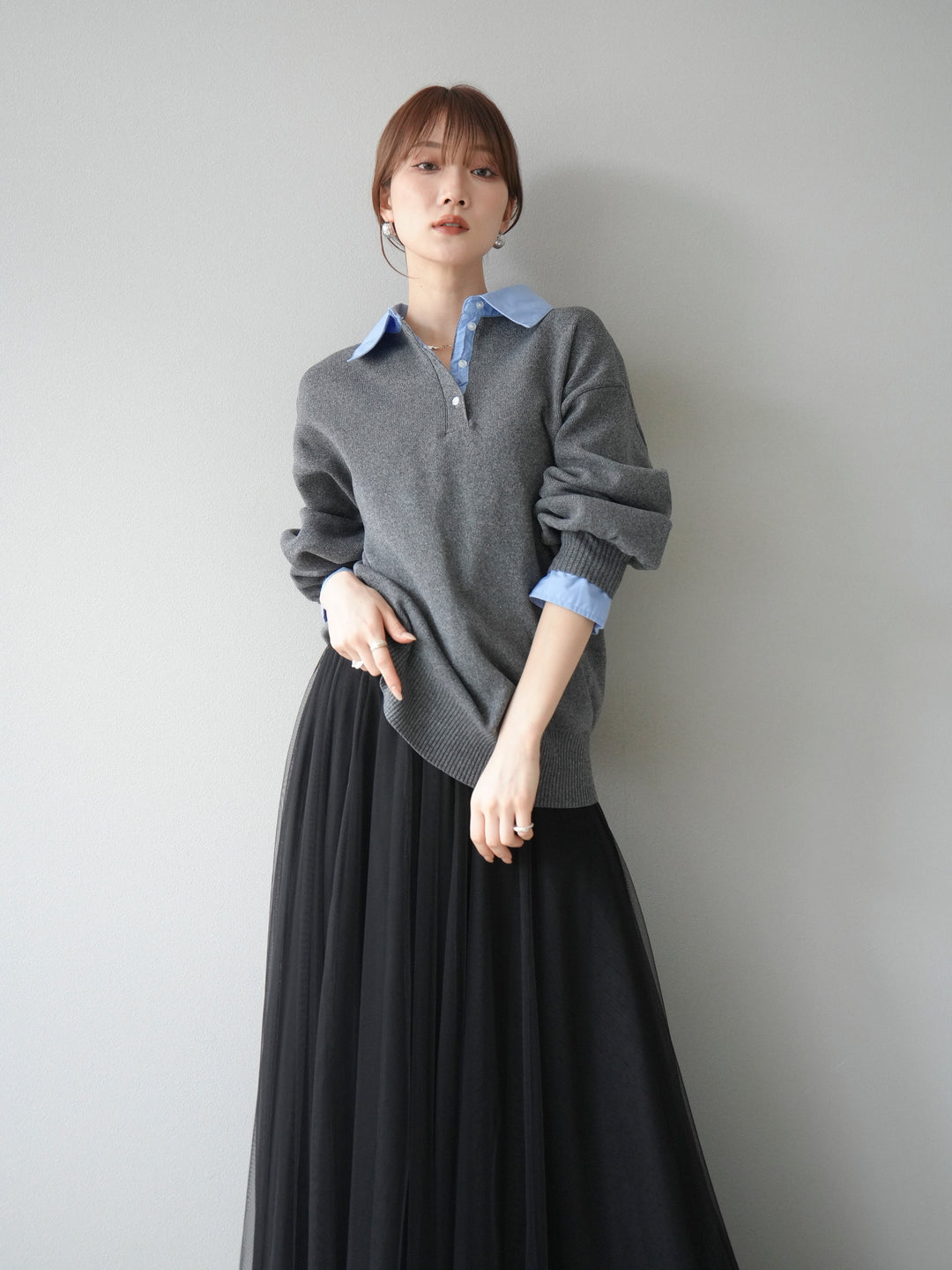 [予約]襟付きポロニットプルオーバー/チャコール