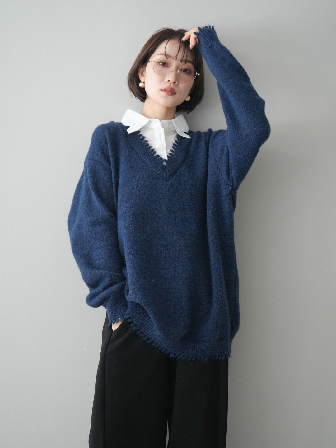[予約]シャツドッキングVネックフリンジニットプルオーバー/navy