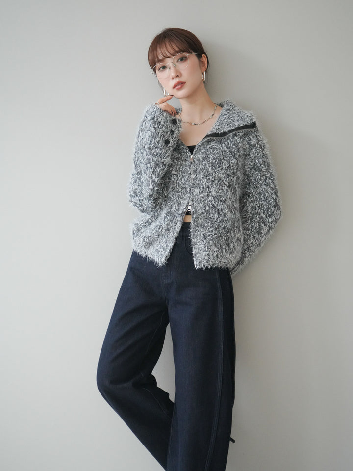 [予約]ミックスシャギージップニットカーディガン/black