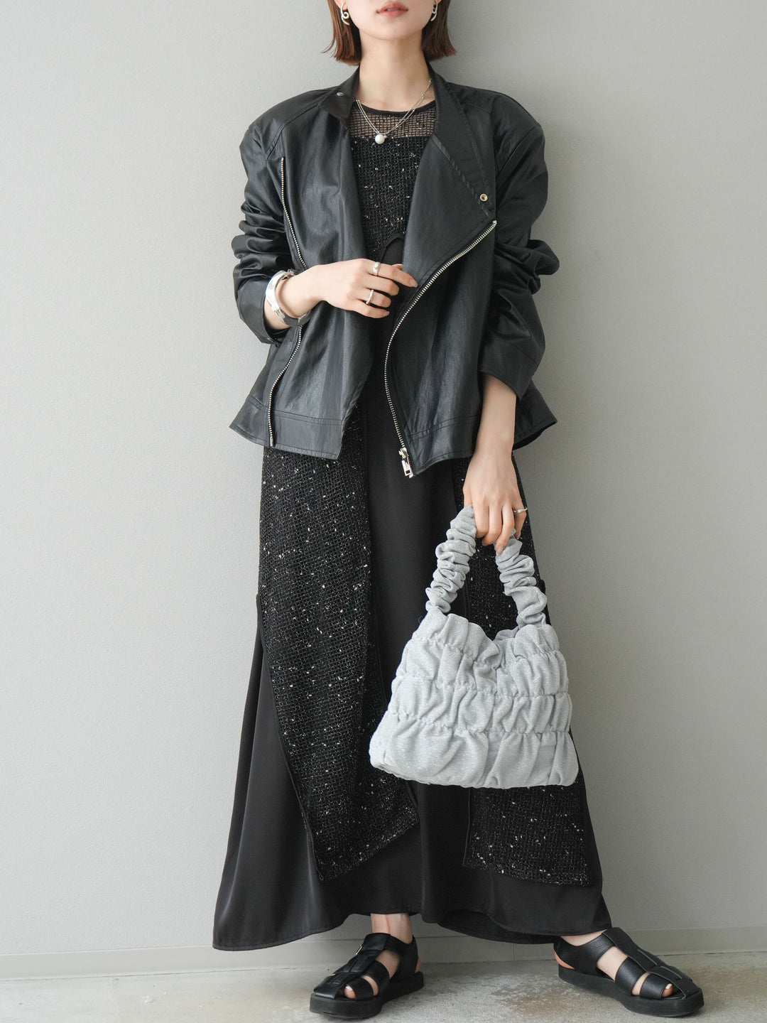 【預購】前開衩網紗連身裙/黑色