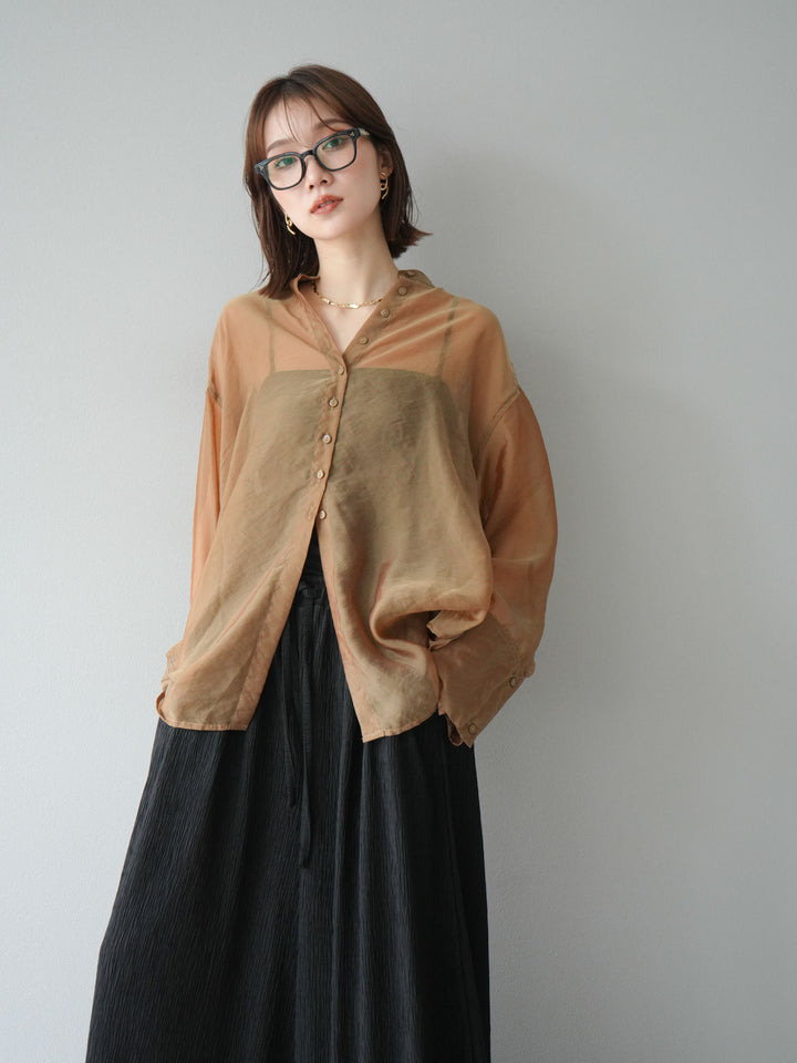 [SET] 亮面透視立領襯衫 + 柳葉寬褲 (2set)