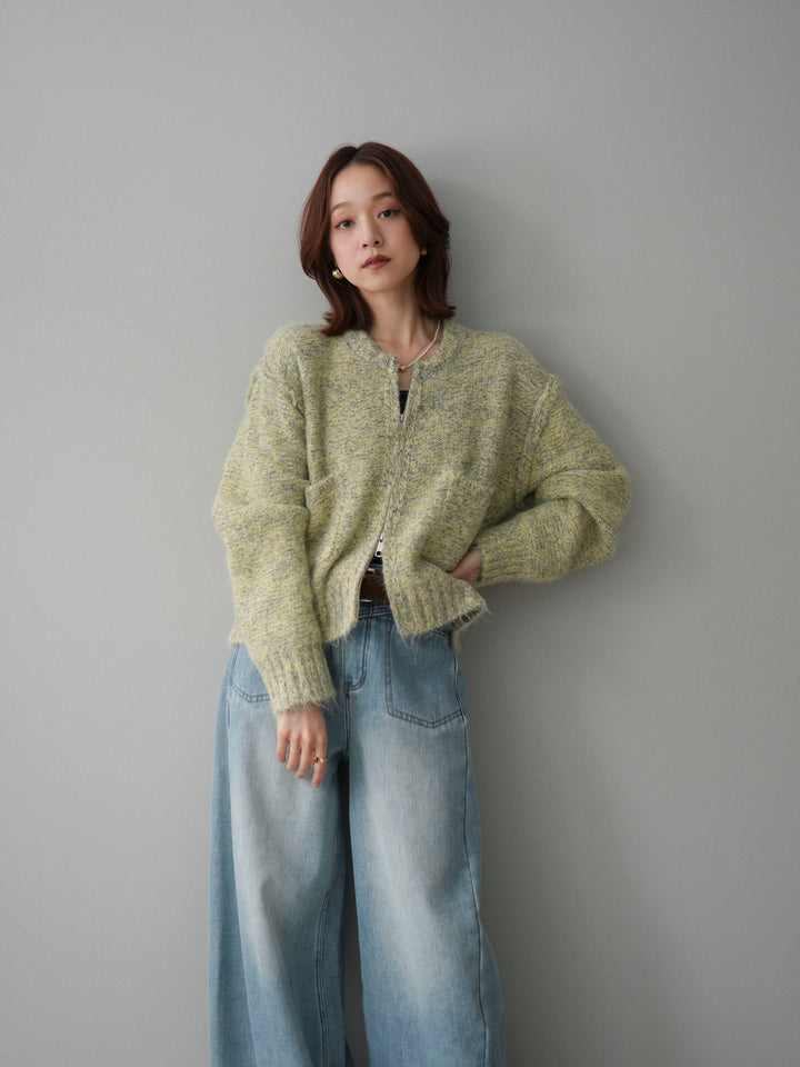 [SET]ミックスヤーンダブルZIPニットカーディガン+ベルト付裏起毛カーブデニムパンツ(2set)