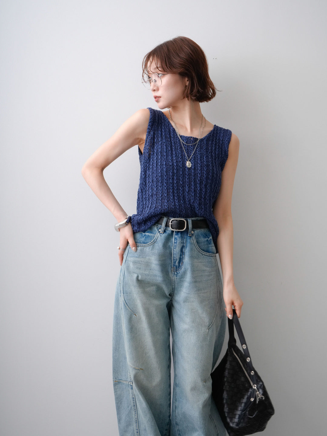 [予約]メランジケーブルニットタンクトップ/navy