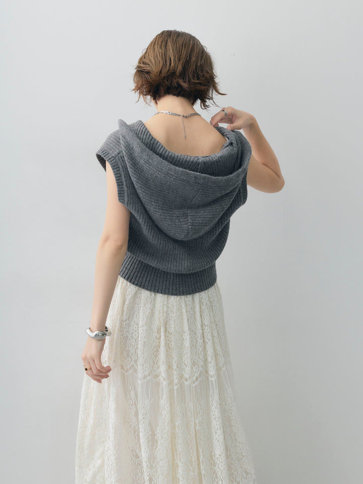 [予約]アルパカタッチフードリブニットベスト/charcoal
