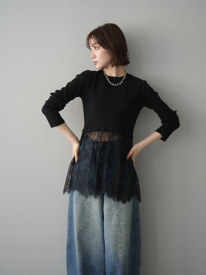 [SET]クルーネックレースドッキングリブニットトップス+フロントビジューカーブデニムパンツ(2set)