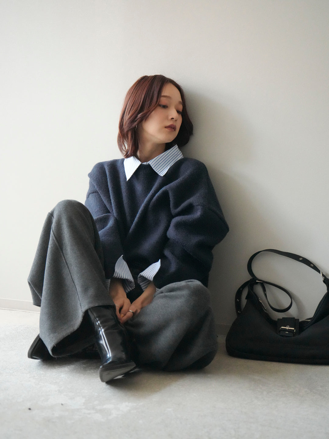 [予約]2WAYストライプ襟ニットプルオーバー/navy