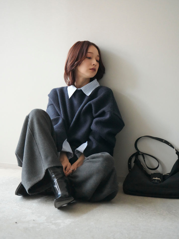 [予約]2WAYストライプ襟ニットプルオーバー/navy