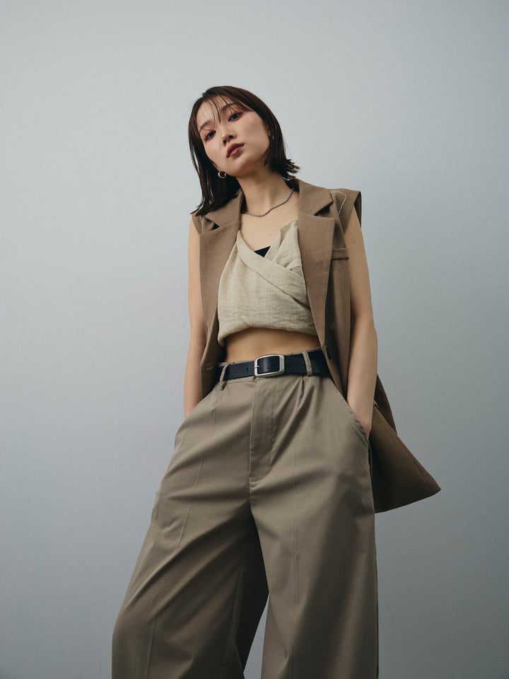 [SET]ステッチデザインベスト+リネンライクカシュクールデザインビスチェ+コクーンワイドチノパンツ(3set)