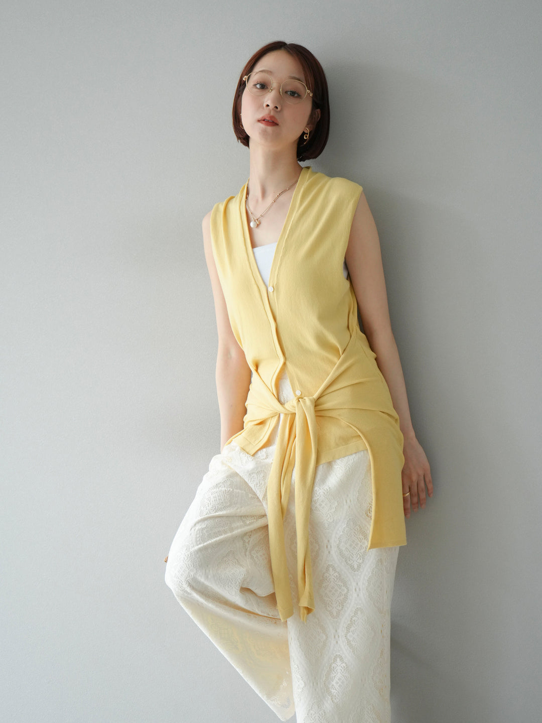 [SET]腰巻きデザインノースリーブニットカーディガン+選べるアクセセット(2set)