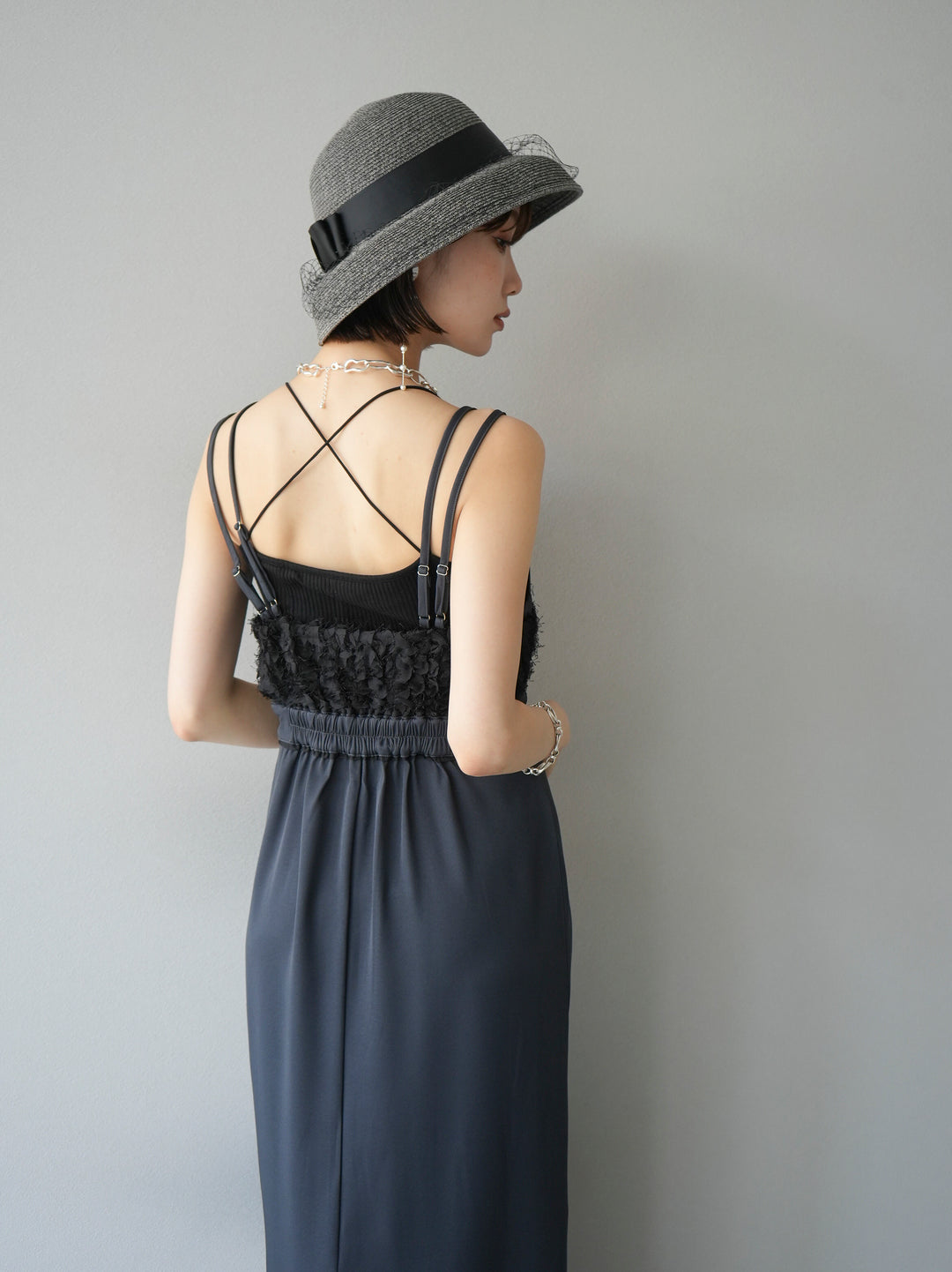 [Pre-order] Jacquard bustier design dress/charcoal