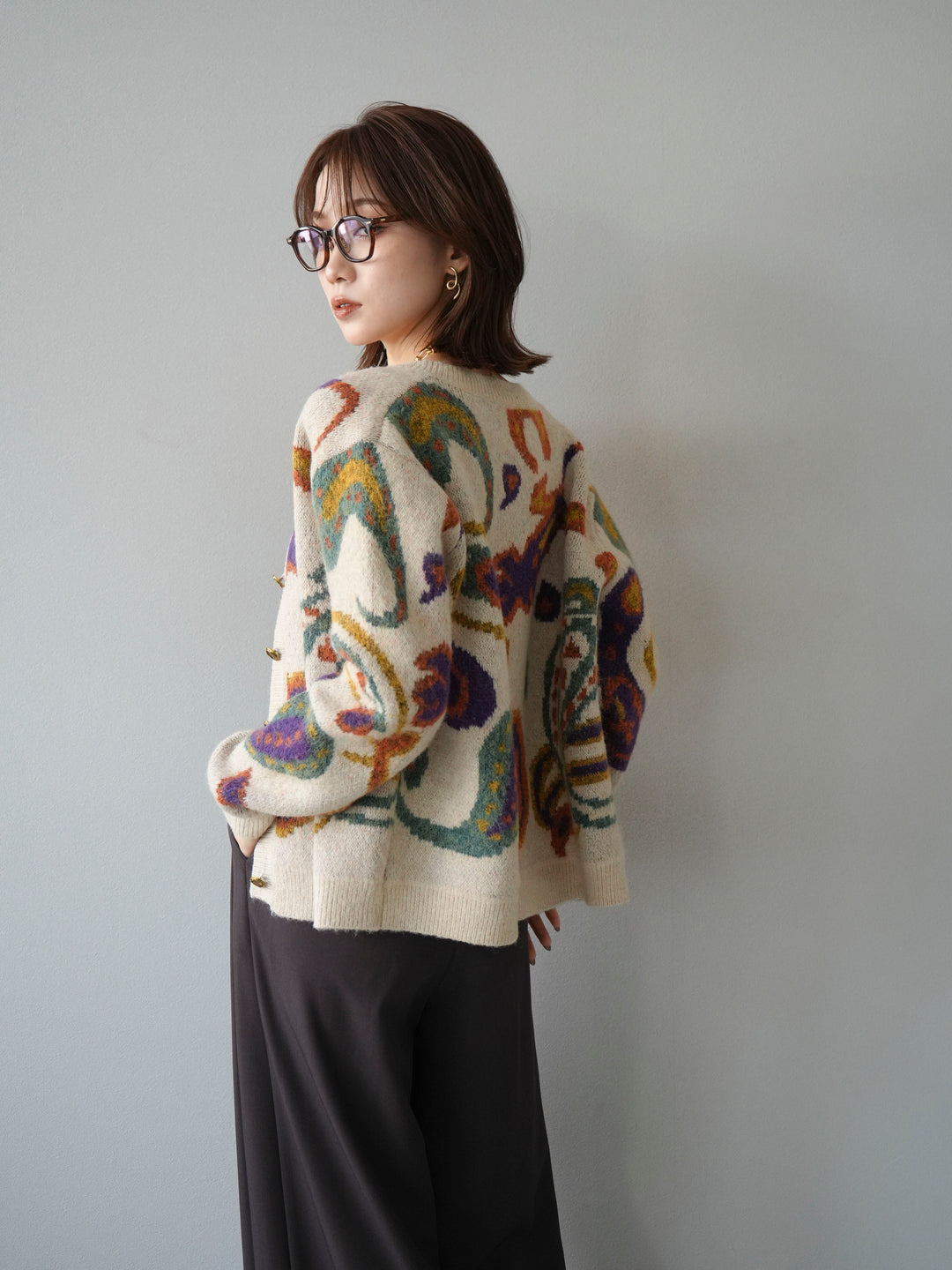 [SET]ミックスヤーンペイズリー柄ニットカーディガン+ベルトループデザインワイドパンツ(2set)