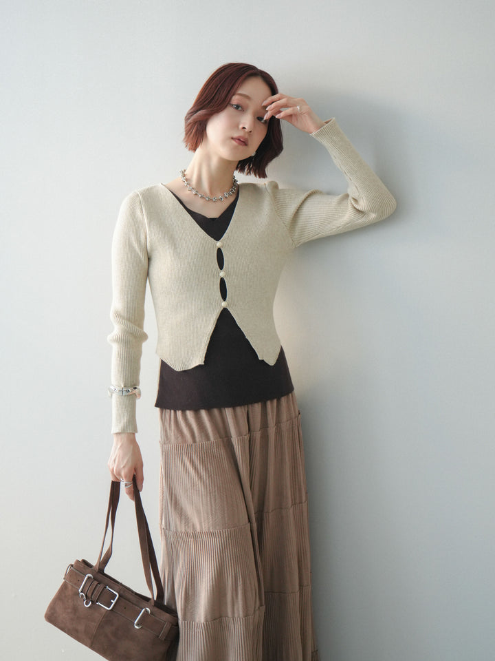 [SET]Vネック配色レイヤードスリットニットトップス+型押しスエードティアードプリーツスカート(2set)