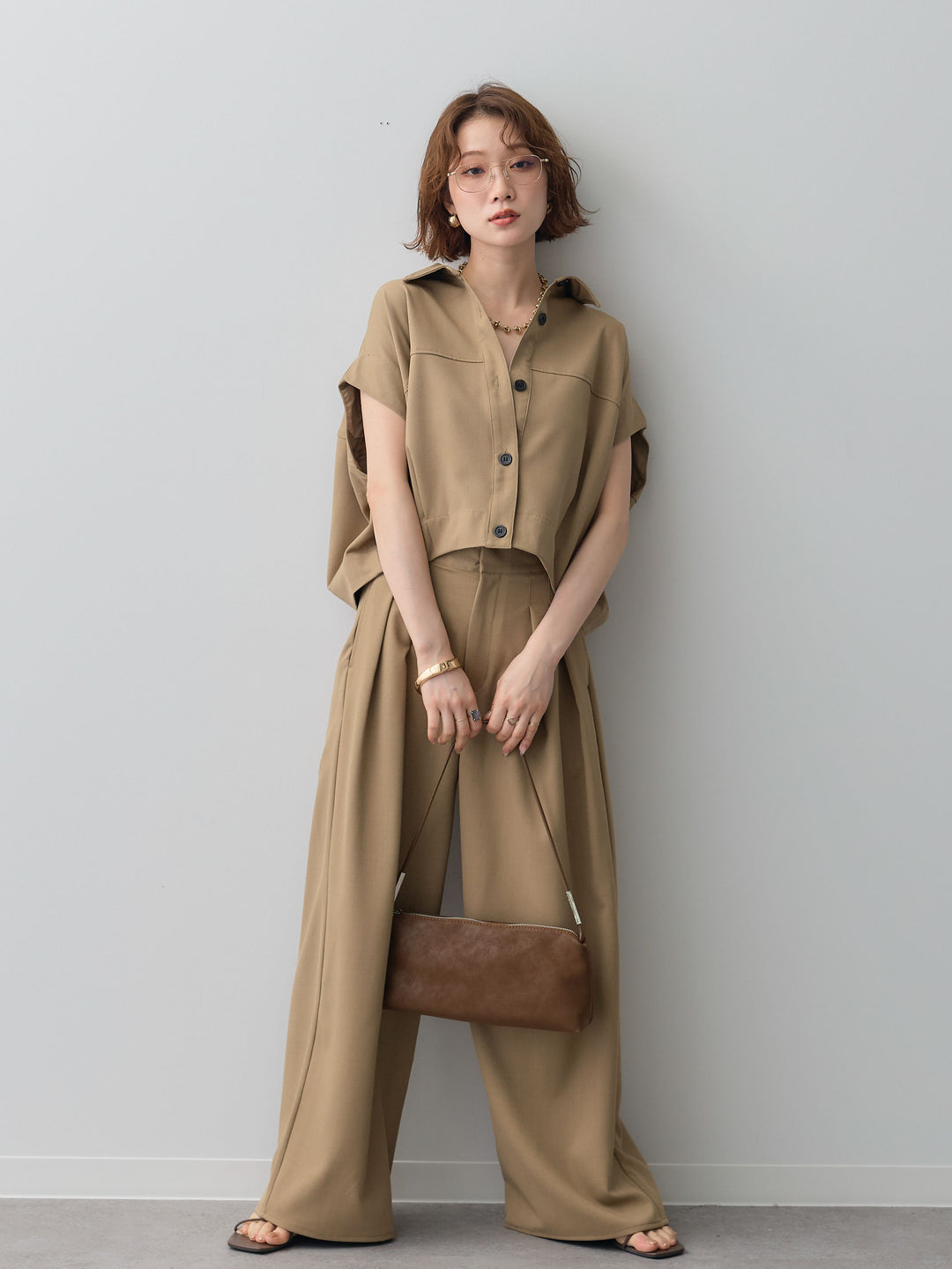 【套裝】縐綢燈籠無袖襯衫 + 縐綢闊腿褲（兩件套）